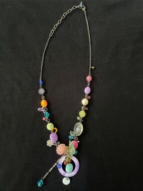 Colourful Multi-Bead Pendant Necklace - Purple & Multicolor